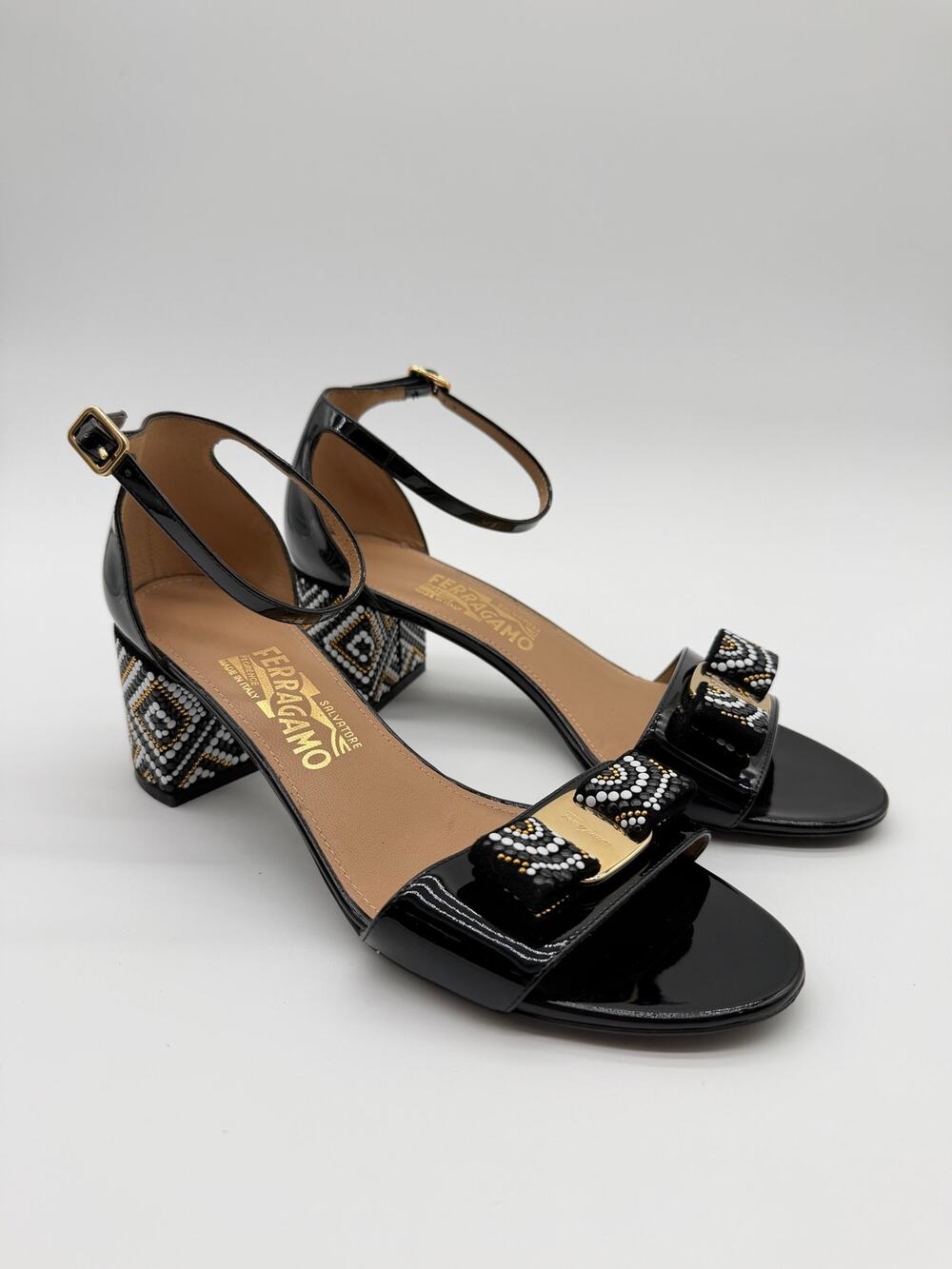 Salvatore Ferragamo | Gavinamosa Mosaic Block Heel Patent Leather Sandals 8B